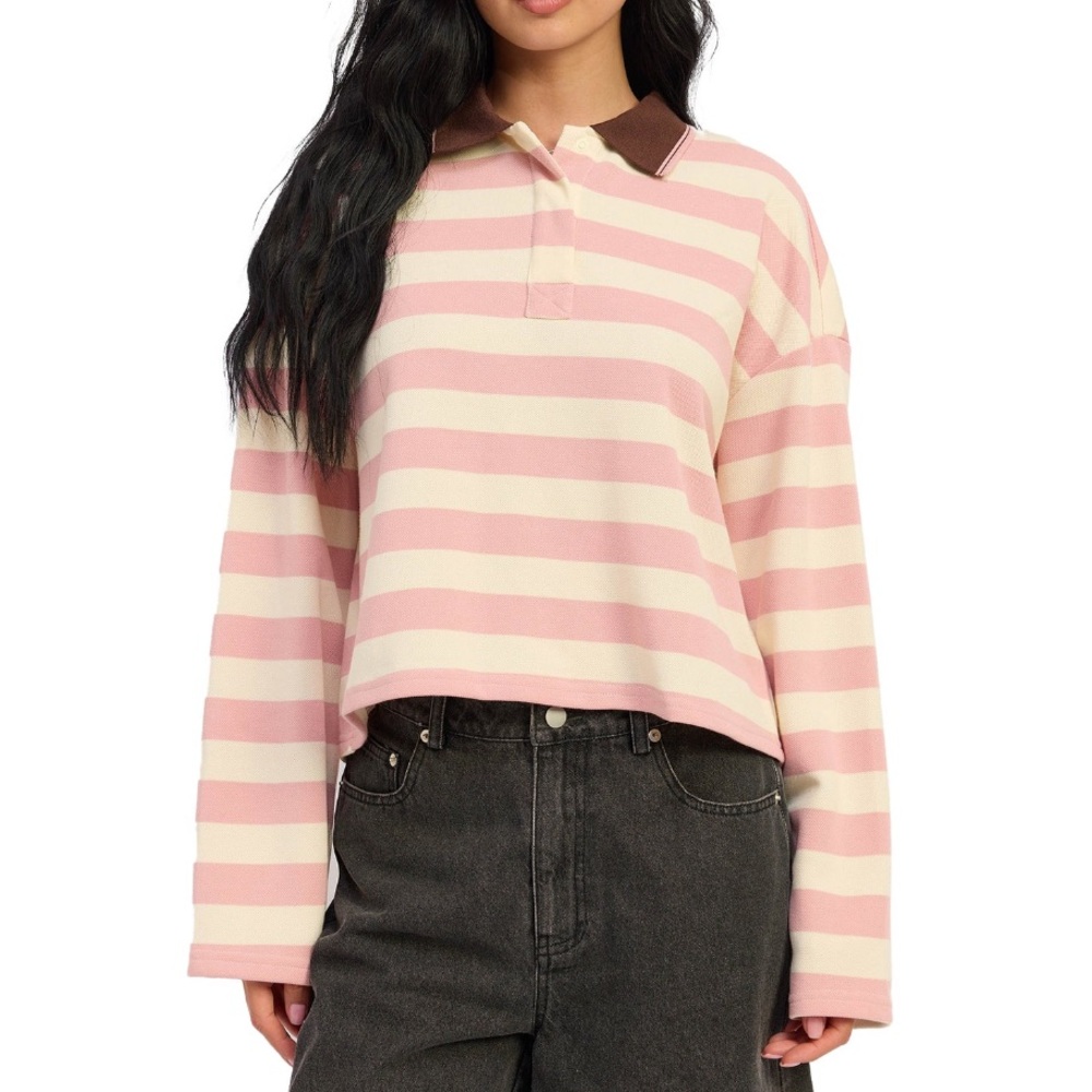 emory park Pink and Cream Striped Rugby Polo Sweatshirt